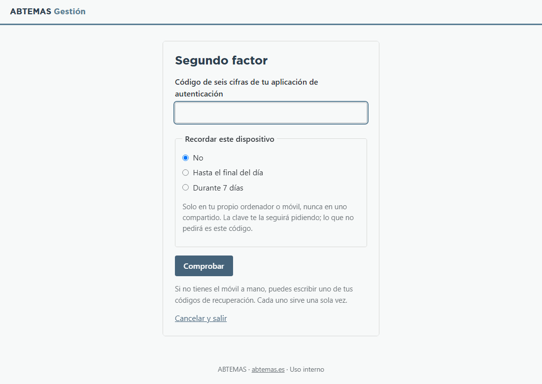 Código del segundo factor y recordar el navegador